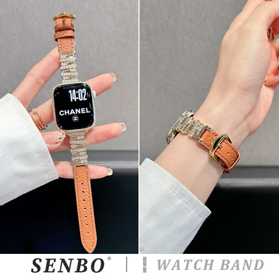 适用于苹果s11/10手表带s9新款不规则镶钻表带applewatch8/7/6/5荔枝纹皮se代智能手表ultra金属男女时尚腕带