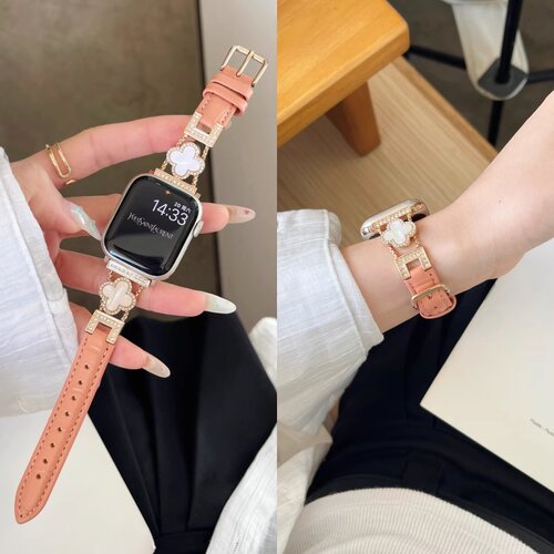 适用iwatch10手表带真皮皮质s10苹果手表applewatch9/8/7/6代表带夏天新款四叶草se金属女s9高级感小众小香风
