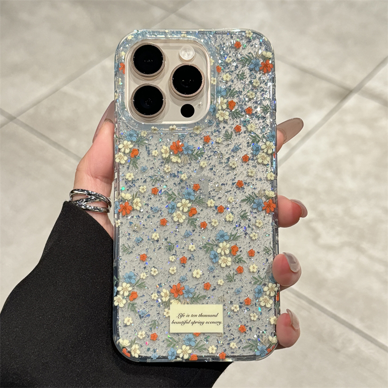 适用苹果16promax蓝色闪粉碎花