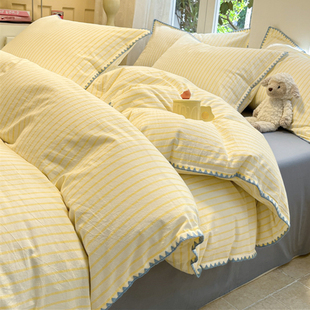 A类简约全棉被套被罩套单件100纯棉水洗棉ins条纹床单床笠四件套