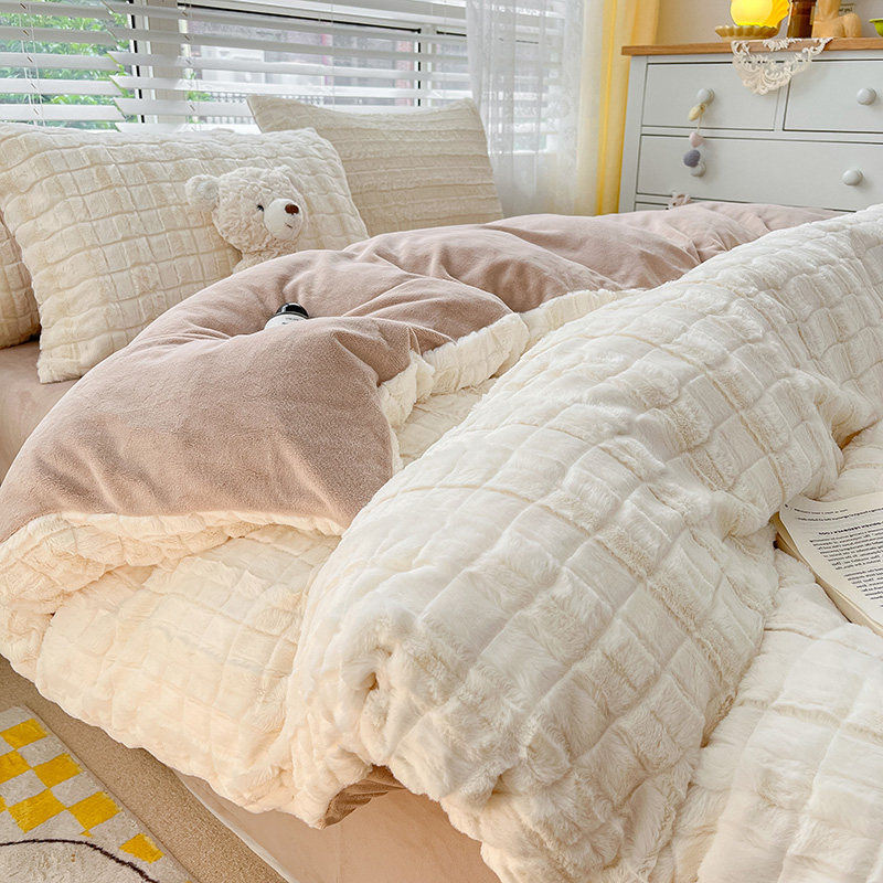兔绒冬季加厚牛奶绒床上四件套珊瑚绒床单被套冬天双面绒