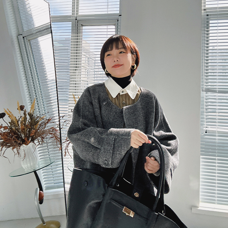 糖皮出品 长期主义 格雷灰色 羊毛驼绒 冬季宽松手工双面圆领大衣