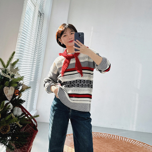 糖皮出品 心有千千结 古着感立体撞色花纹条纹 冬季复古羊毛毛衣