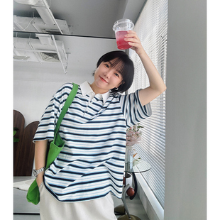 撞色翻领半开门襟 复古 减龄条纹 夏季 TEE 糖皮出品 轻薄短袖 美式