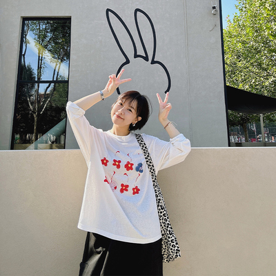 糖皮出品 秋日盛放 手工编织撞色立体花朵 舒适宽松休闲长袖TEE