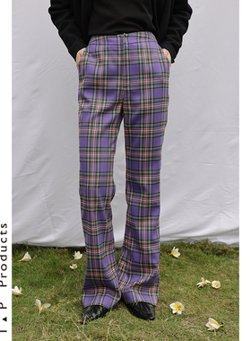 ＜糖皮出品＞捕梦网 春季紫色调色织格子 高腰休闲拖地裤