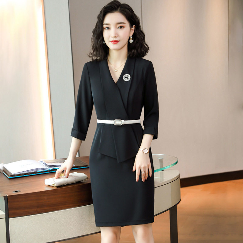 春夏季韩版时尚假两件V领连衣裙女职业装连衣裙美容院酒店工作服
