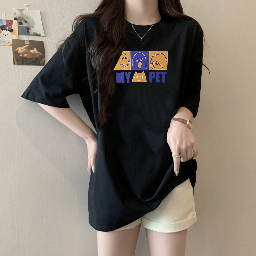 美式复古小熊印花短袖正肩t恤女夏季新款宽松欧美休闲个性上衣ins