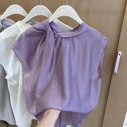 法式打结醋酸无袖衬衫女夏新款2024设计感褶皱小衫小飞袖上衣