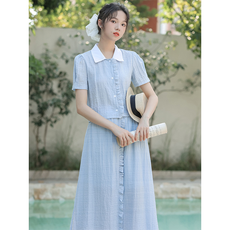 夏季韩系温柔风甜美奶乖polo领蓝色衬衫上衣女+半身裙套装两件套