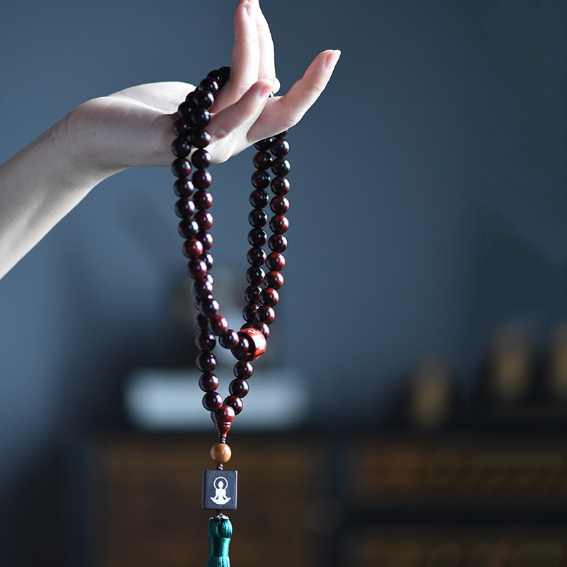 小叶紫檀手串佛珠8mm108颗高油密文玩手持车挂珠配银片镶嵌跑环