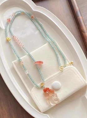 新中式复古仿南红小金鱼吊坠短款串珠项链女小清新国风毛衣链配饰