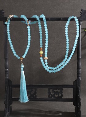 新中式蓝色串珠佛珠斜挎链长款背背项链女古风小清新流苏毛衣链潮