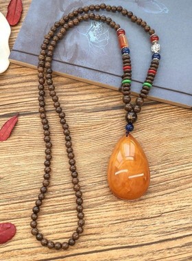 蜜蜡鸡翅木圆珠男女中国风毛衣链