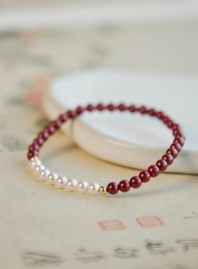 天然朱砂手串本命年红绳手链珍珠龙年红色串珠