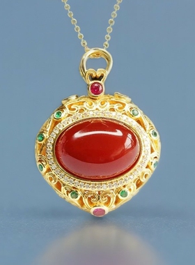 国潮工艺精品红玛瑙玉髓吊坠复古宫廷配饰吊坠项链