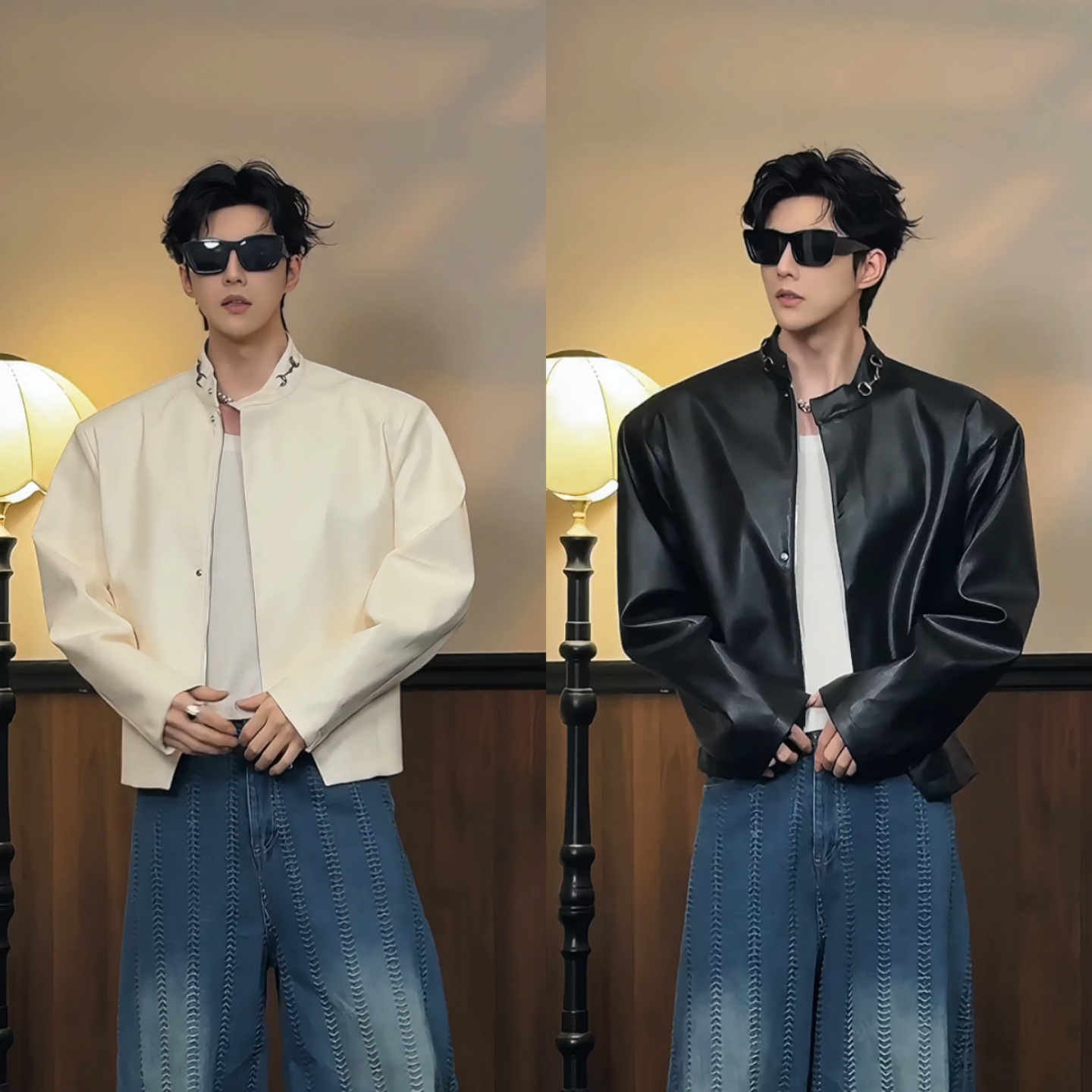 春季新款日常百搭美式复古立领廓形PU皮夹克男宽松百搭机车风外套