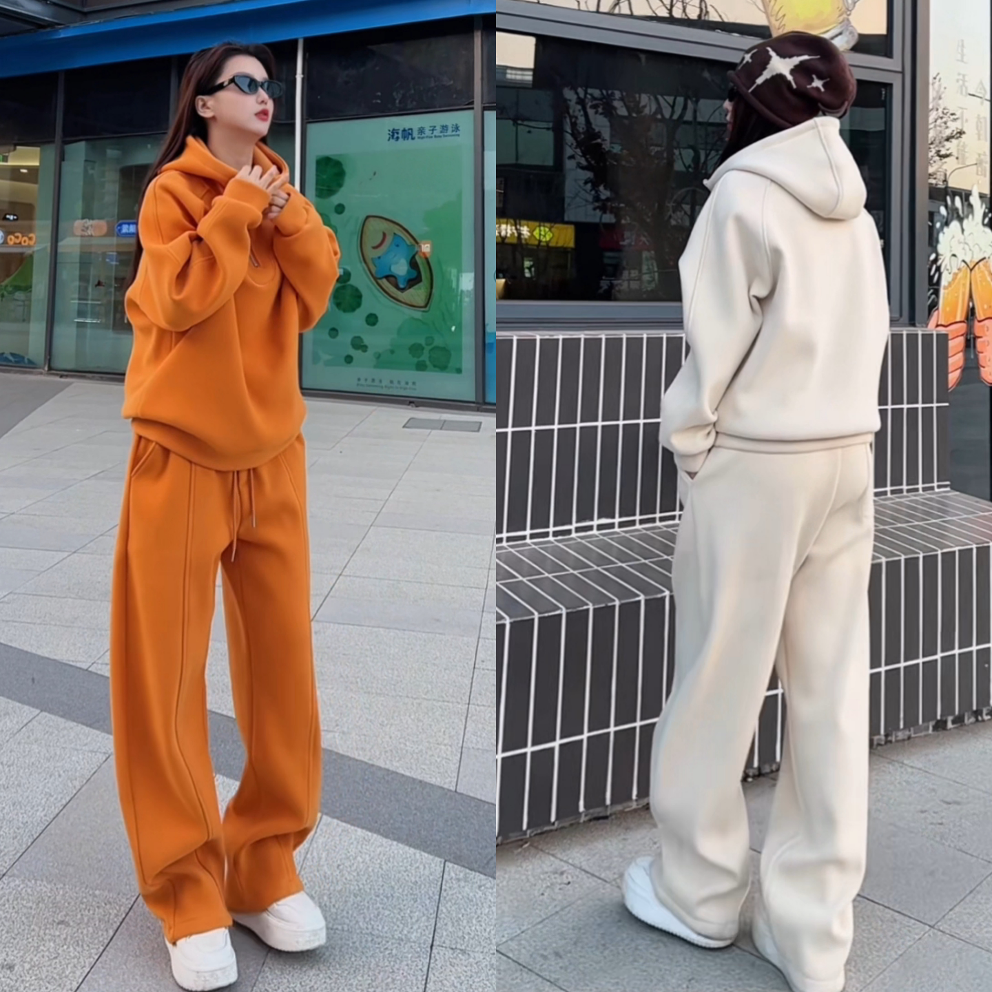 冬季新款连帽长袖半拉链卫衣直筒卫裤两件套休闲装男女情侣款套装