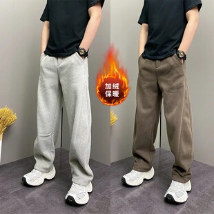 冬季加绒加厚时尚简约百搭弯刀休闲裤男士纯色明线设计直筒运动裤