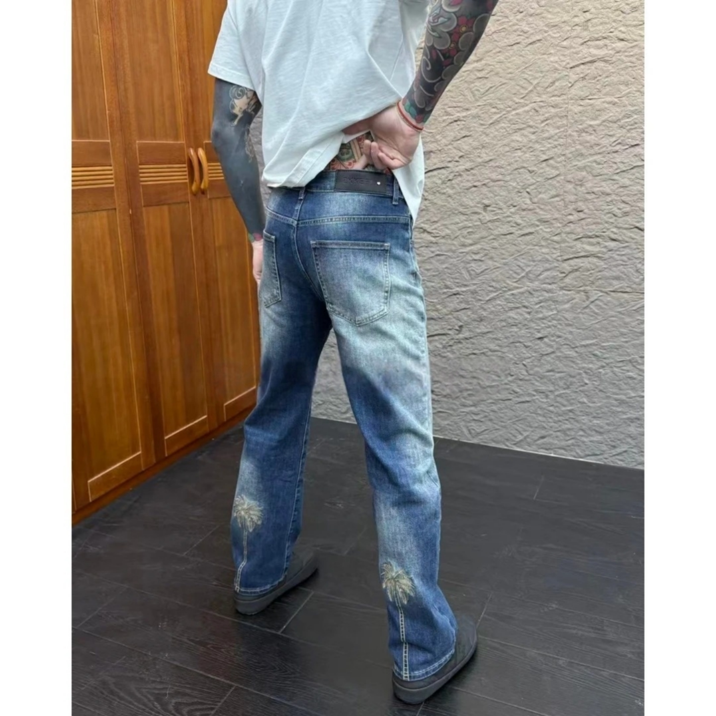 冬季新款时尚休闲百搭椰子树刺绣牛仔裤美式休闲高级感直筒裤男士