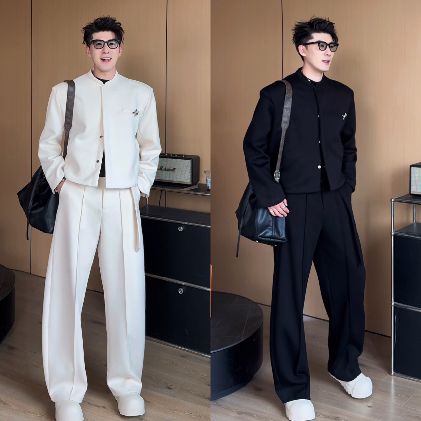 冬季帅气休闲两件套轻奢时尚男士立领夹克外套明线设计直筒裤套装