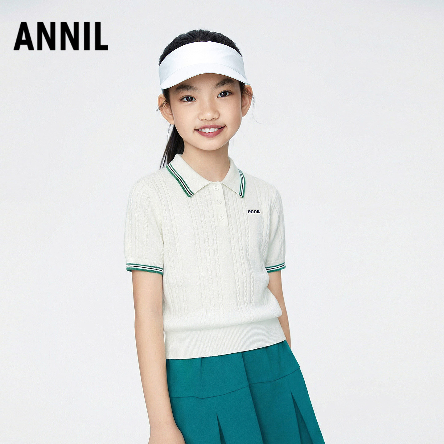 安奈儿童装女童翻领短袖毛衣2026夏新款扭花白色弹力透气T恤上衣