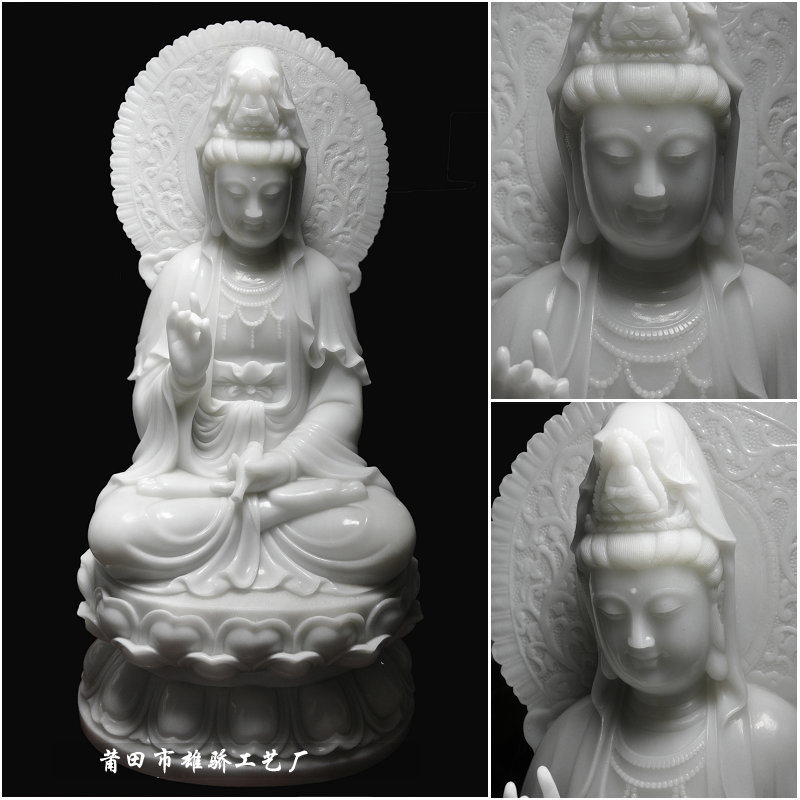 圆形背光天然汉白玉观音菩萨佛像可搭善财龙女普陀山紫竹林观音