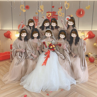 咖色卡其系姐妹服伴娘披肩女围巾豆沙粉香槟新娘晚礼服秋冬厚保暖