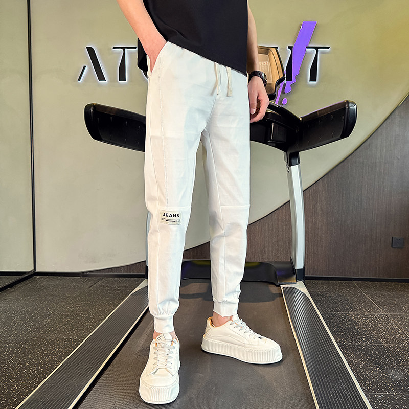 2026春季白色束脚休闲长裤修身小脚裤拼接潮牌松紧裤1001B194P48，男装休闲裤，星座1001