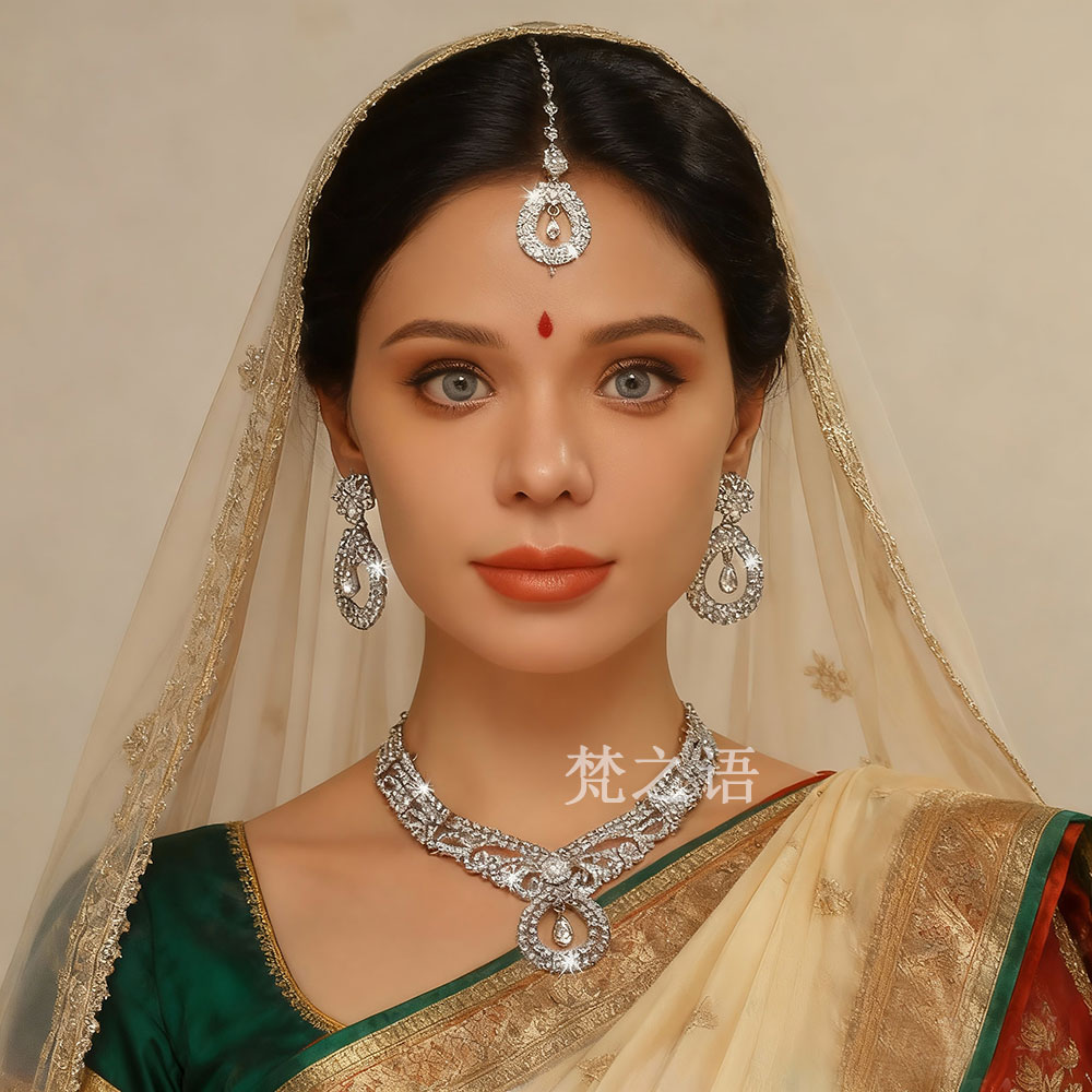梵之语印度新娘婚礼首饰水钻项链耳环眉心坠三件套装Jewelry set