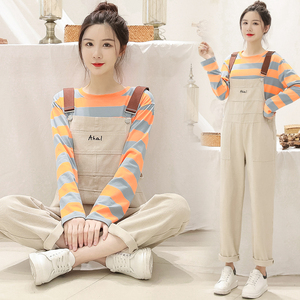 孕妇背带裤套装秋冬时尚款牛仔长裤外穿春夏两件套洋气减龄春装