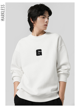 Markless男士卫衣圆领宽松复古白色高级感新款秋季上衣潮男百搭