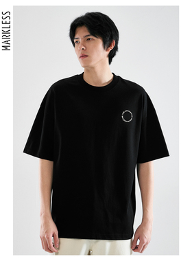 Markless纯棉短袖t恤男2024新款白色宽松简约上衣落肩袖刺绣体恤