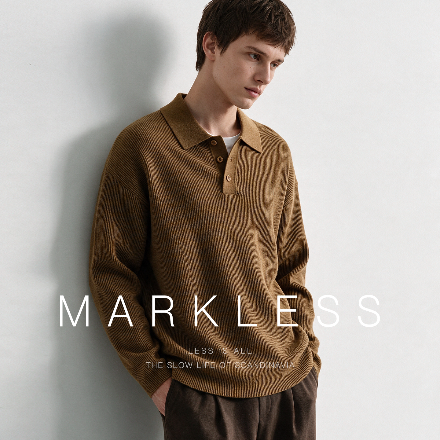 Markless男士polo领针织衫秋冬季新款毛衣慵懒感纯色毛衫上衣