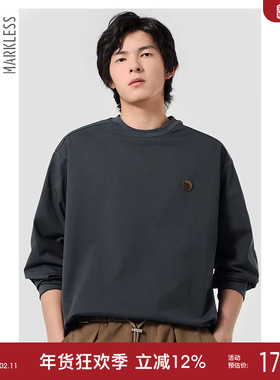 Markless圆领长袖t恤男士纯棉卫衣灰白色宽松秋季新款纯色潮牌