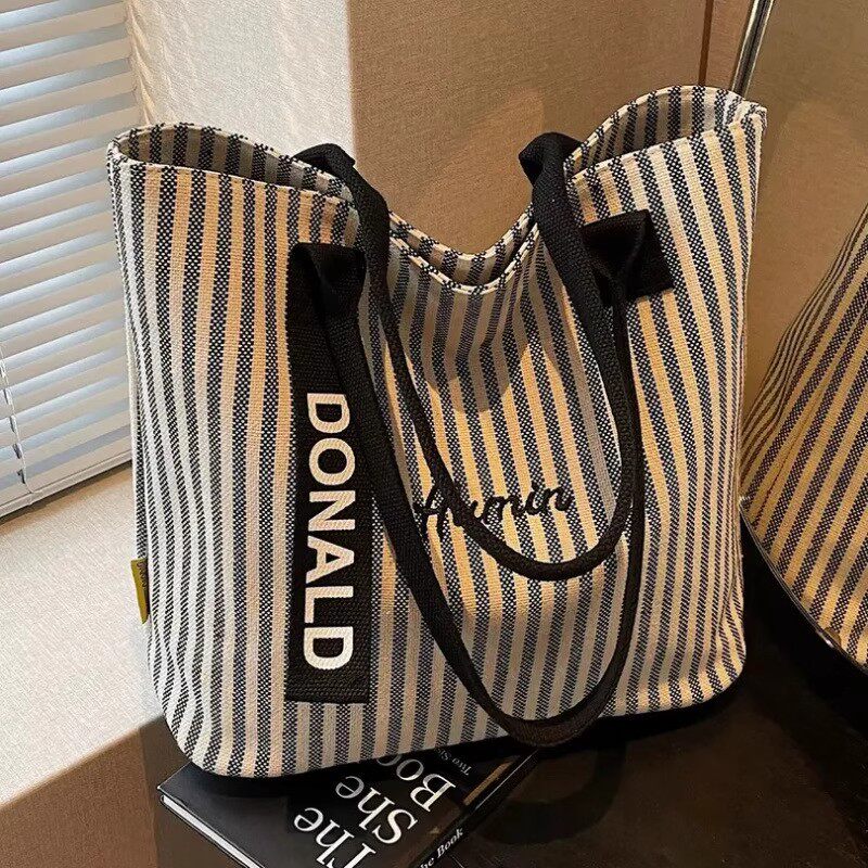 夏季条纹帆布包包女高颜值大容量上课手提袋韩系单肩通勤托特包定