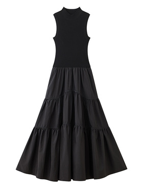 【女人丝界】 24夏季款小高领收腰无袖针织拼接蛋糕黑色连衣裙女