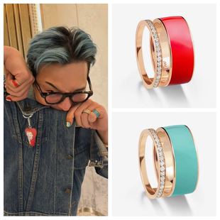 gd权志龙同款男女款式玫瑰金镶钻红蓝色戒指气质百搭潮流指环精品