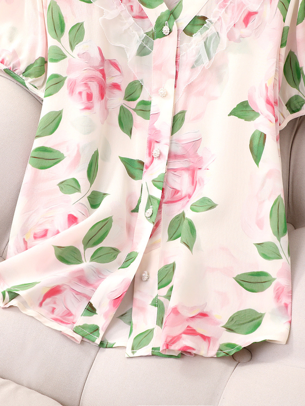 BEAUTY ELEGANT FRAGRANT LADYLIKE PRINT FASHIONABLE SILK BLOUSE SWEET RUFFLES MULBERRY SILK TOP SUMMER