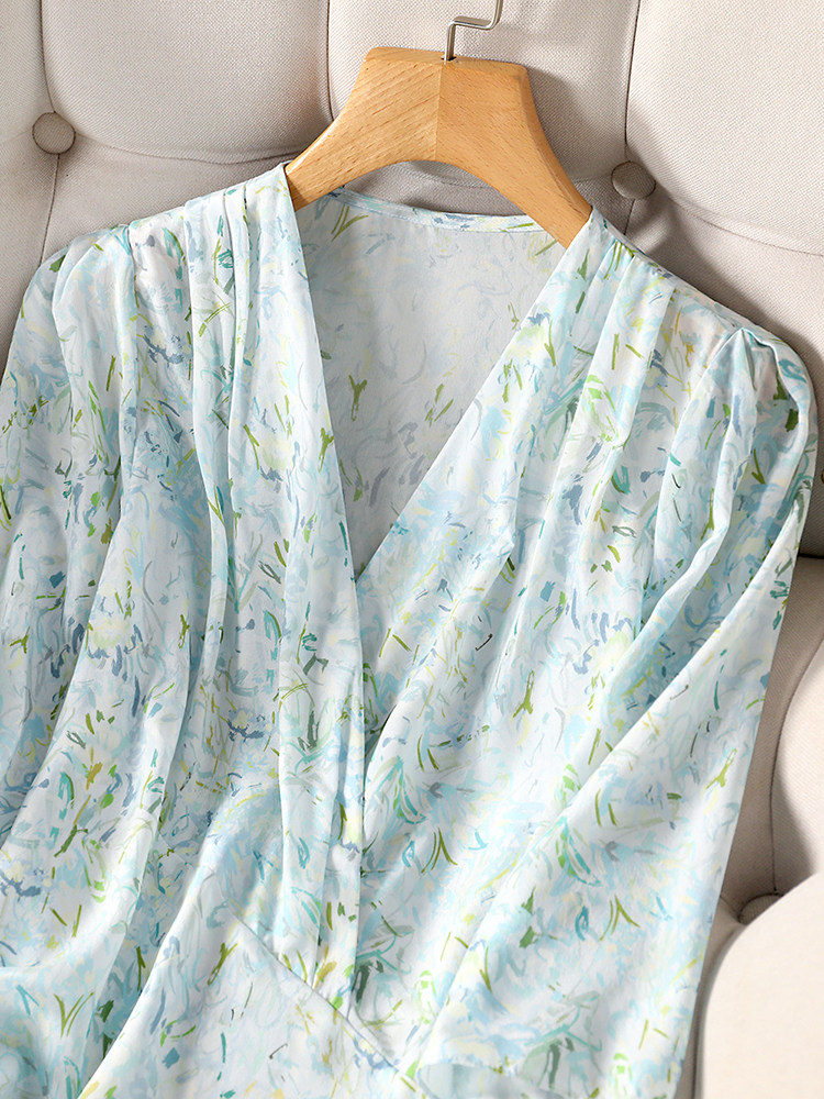 FRESH WRAP FRENCH TEMPERAMENT FOREIGN FEMININE V-NECK SILK TOP HALF-SLEEVED MULBERRY SILK COOL SHIRT SUMMER