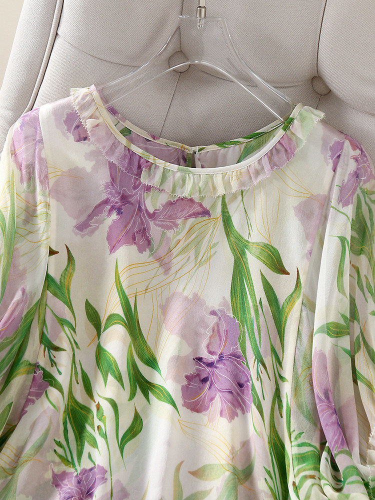 REFRESHING SUMMER PURPLE IRIS PRINT BEAUTIFUL FOREIGN MULBERRY SILK SHIRT WHITE SKIN COLOR SILK BLOUSE WOMEN