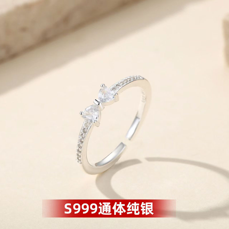 S999纯银镶钻蝴蝶结戒指男女新款足银指环开口可调节百搭时尚尾戒