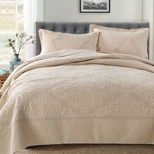 外贸原单出口美式 纯棉超柔色织绣花纯色水洗衍缝被全棉床盖三件套