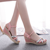 2025夏季 松糕厚底女学生防水台甜美拼色中高跟罗马鞋 女式 坡跟凉鞋