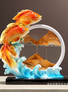 高档中式年年有余金鱼摆件创意玄关酒柜流沙装饰品树脂工艺品