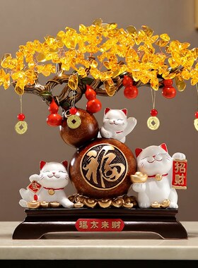 发财树招财猫桌面摆件客厅办公室前台收银台装饰乔迁新居开业礼物