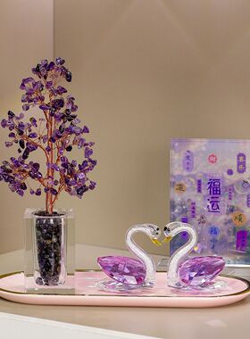 水晶天鹅发财树聚宝盆摇钱树高档礼物乔迁礼品玄关客厅装饰摆件新