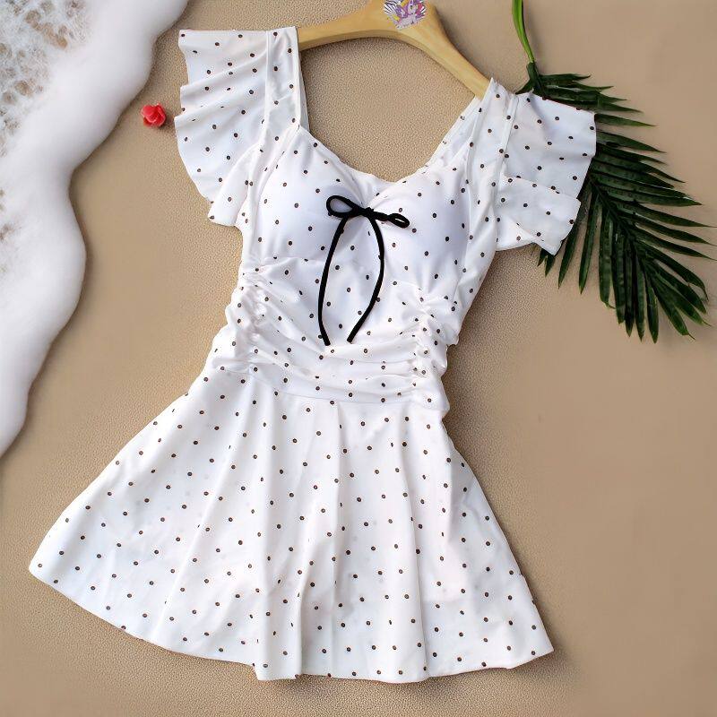 夏季初高中生中大童少女波点连体泳衣女孩结裙式遮肚显瘦学生泳装