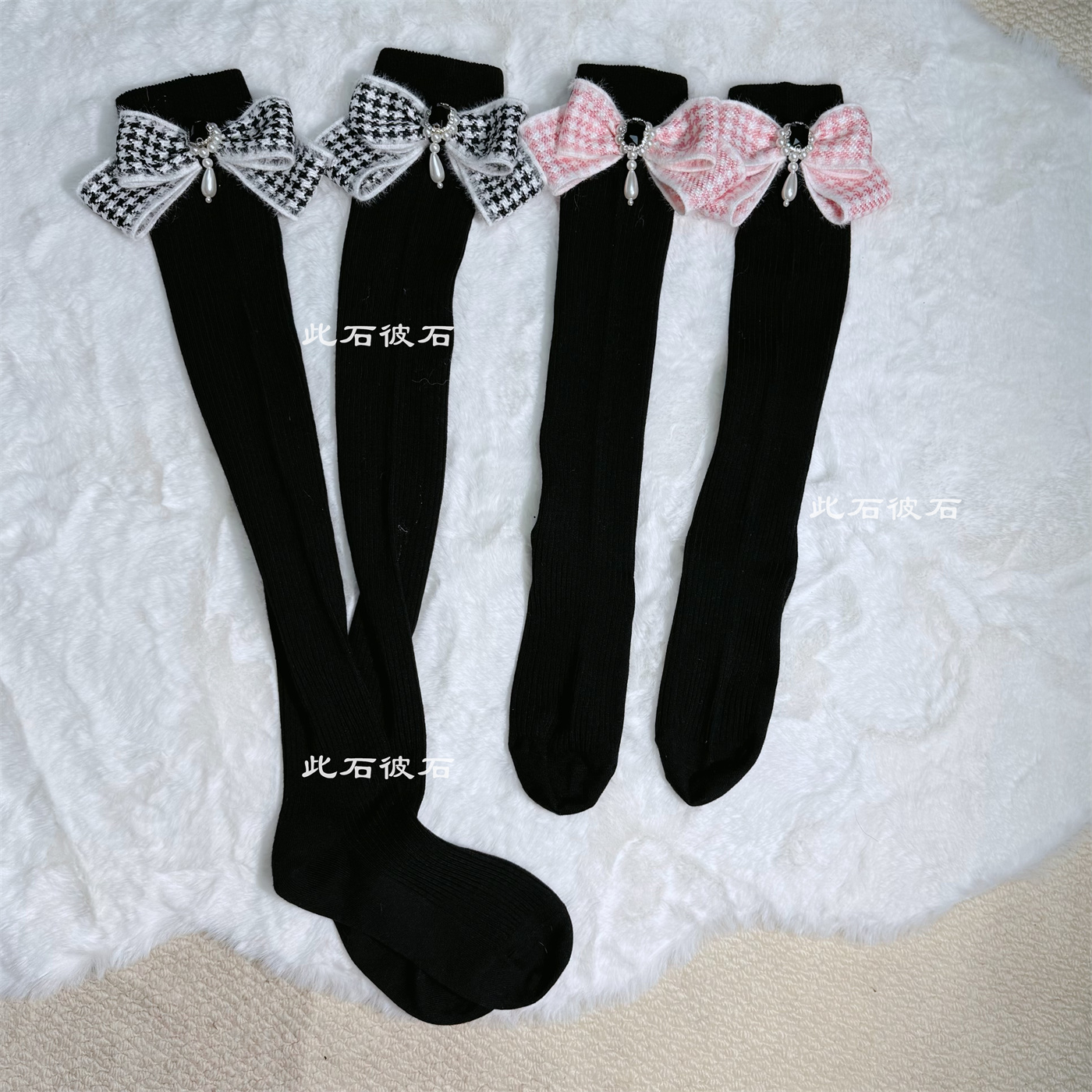2026新款羊绒内里拉绒保暖小腿袜过膝袜冬季大腿袜千鸟格蝴蝶结袜