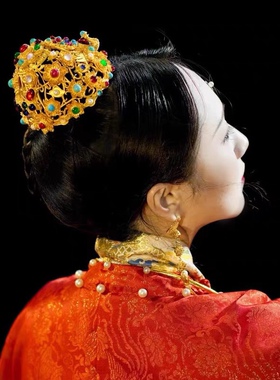 大萌制 明代花鸾宝石冠 明制狄髻发冠一体式宝石镶嵌头饰汉服发饰